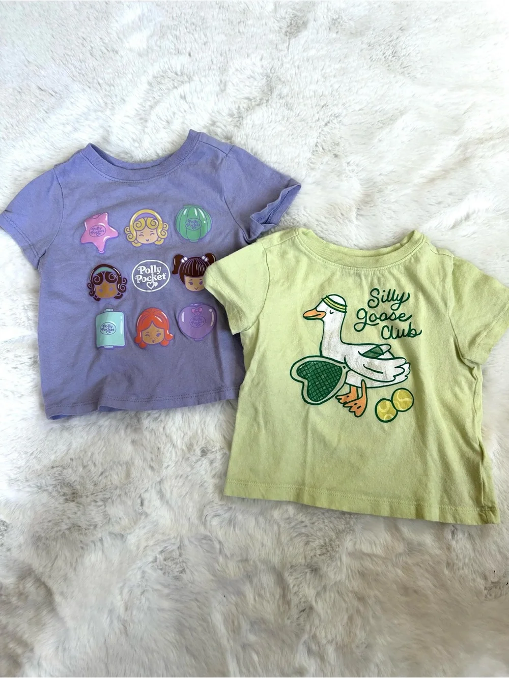 Old Navy Cotton Polly Pocket Purple Tee & Silly Goose Club Green Tees 12-18 MOS